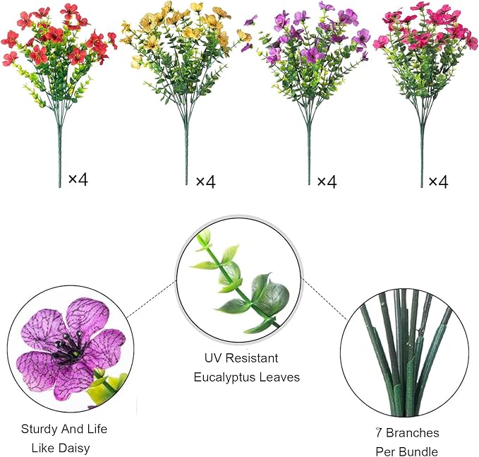 Plastic Flowers for Outdoors, 16 Bundles Fake Outdoor Artificial Flowers for Outdoors UV Resistant, Fake Plants Artificial Plants Outdoor Plastic Plants, Silk Faux Spring Flowers for Outside