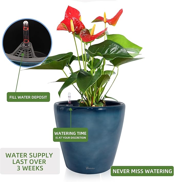 Dexceder 18x17 Self Watering Planter with Wheels (Grayish Green Gradient) | Inner Pot Design, Thickened Large Floor Standing Flower Plant Pot with Water Level Indicator Indoor Outdoor