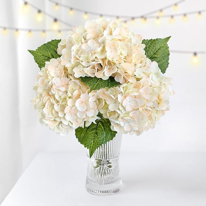 ZYTUYO 3PCS Cream Champagne Hydrangeas Artificial Flower 21" Real Touch Faux Latex Fake Hydrangeas Silk Bouquet for Home Kitchen Living Room Spring Table Office Wedding Party Arrangement