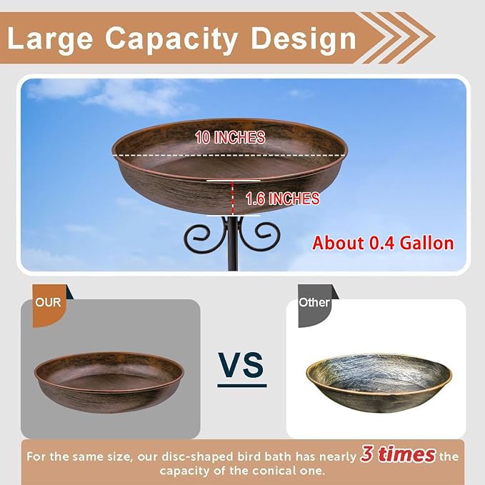Small Metal Bird Bath for Outdoors, 10" Dia Bowl with Stake Birdbaths Garden Yard Lawn Decor 0.4 Gallon (Pack of 2)