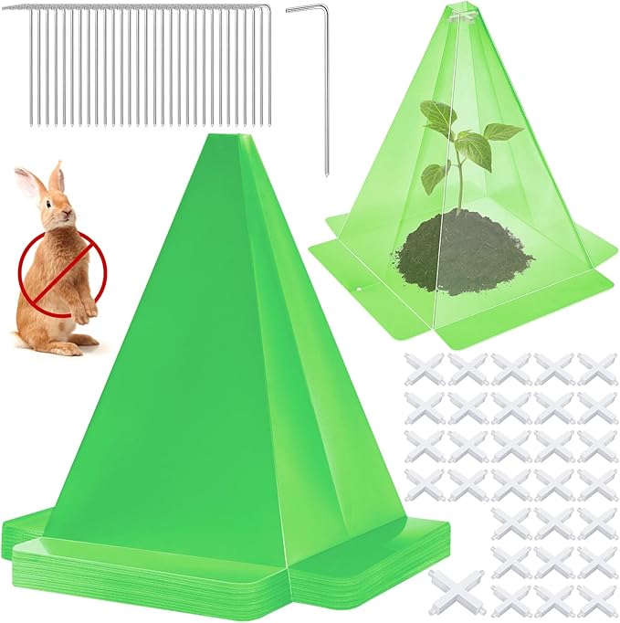 Garden Cloches, 30 Pack Plastic Small Plant Seedling Protector, Reusable Green Clear Bell Covers with 60p Ground Securing Peg, 7.8" x 11" Green Mini Greenhouse to Protect Plants from Birds, Slugs, Sun
