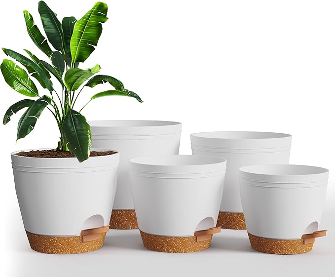 Utopia Home Self Watering Pots for Indoor Plants, Planters for Indoor Plants, Multi-Size Flowerpot, Set of 5 Plant Pots with Drainage & Reservoir, 6.8"/6.4"/5.9"/5.5"/4.9" (White)