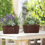 3 Pack Metal Railing Planters, 10.5" Oval Hanging Flower Pots with Detachable Hooks & Drainage Holes, Fits Rails up to 2.36", Galvanized Iron Fence Bucket for Balcony Garden Patio - Chocolate