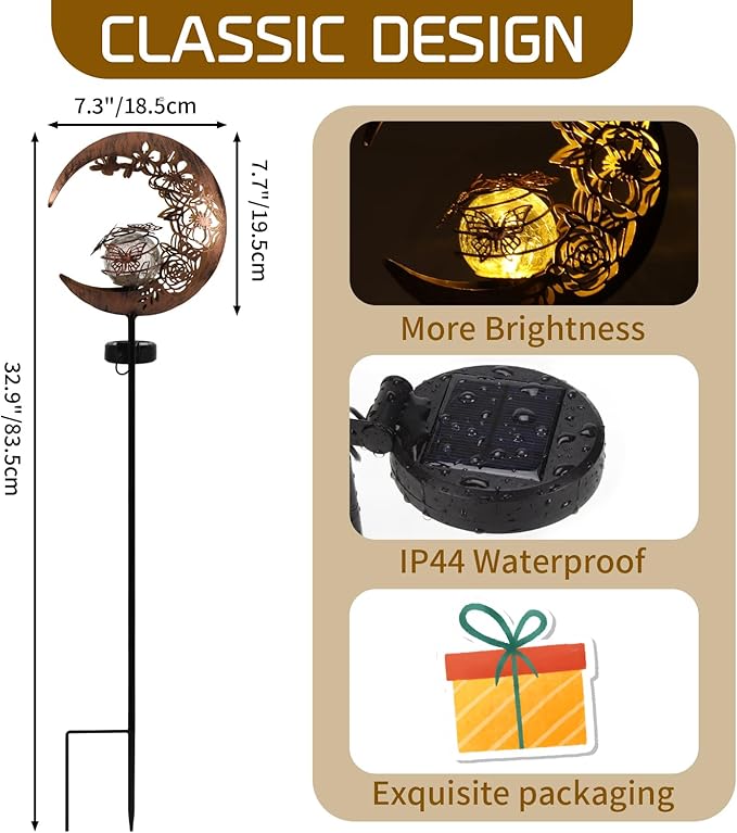 MEBRUDY Butterfly Solar Garden Outdoor Decor, Moon Figurine Light Stake Housewarming Ornament for Patio, Lawn, Yard, Pathway, Unique Gift Ideas for Gardening, Mom, Women, Grandma