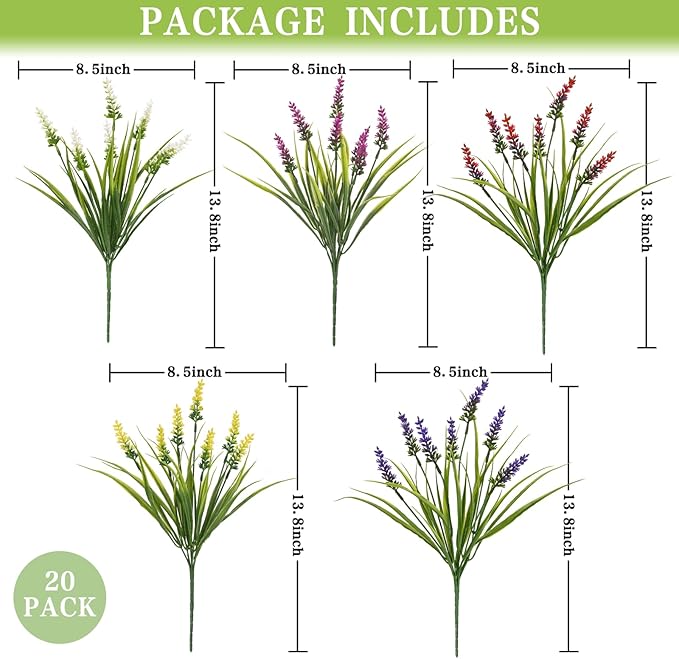 Waipfaru 20 Bundles Artificial Plants Outdoor,Fake Flowers UV Resistant Outdoor Fake Plants,Faux Lavender Shrubs for Window Garden Patio Hanging Planter Pathway Front Porch (Mix)