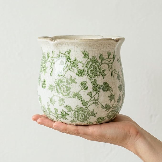 DREAMLOOM Vintage Ceramic Planter for Indoor Plants,6.1" Ice Crack Cottage Scroll Vase Tuscan Decor Flower Pots with Drainage Holes Home Kitchen Farmhouse Antique Decorative Gift (Green-Corrugated)