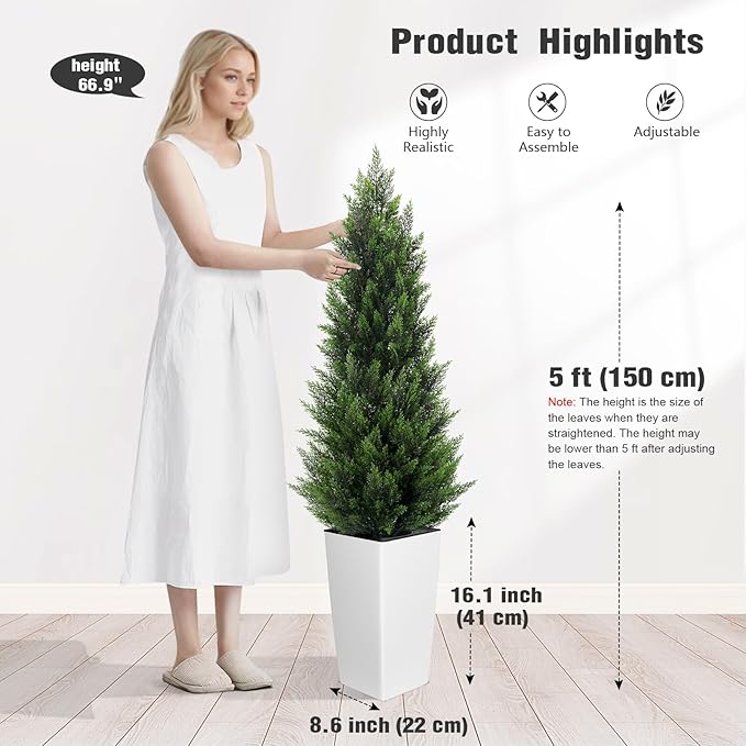 5FT Tall 2 Pack Artificial Cedar Topiary Trees with Compact Pyramidal Shape, Realistic Faux Cypress in Square White Pot with Fillable Water Bag, Outdoor Evergreen for Front Porch Garden Home Decor