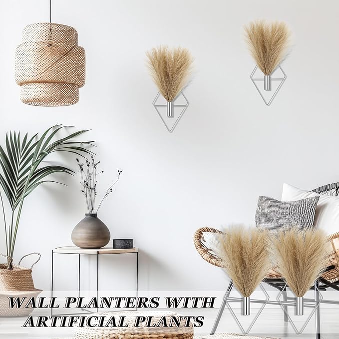 Canlierr 2 Pieces Boho Wall Decor Hanging Planters with Artificial Plants Metal Hanging Vase Indoor Plants Holder Modern Wall Art for Bathroom Bedroom Living Room Decor, Silver, Pampas Grass