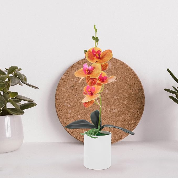 VILLCASE Artificial Orchid Potted Plant Faux Orchid Simulation Flower Orange Desktop Fake Potted Plant Home Office Table Décor Kitchen Living Room