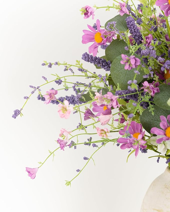 20" Artificial Flowers Bouquet for Vase Indoor, 6 stem Faux Silk Daisies Lavender Silver Dollar Eucalyptus Leaves Wildflower Floral Arrangement Home Decor for Living Room Dining Table Entryway