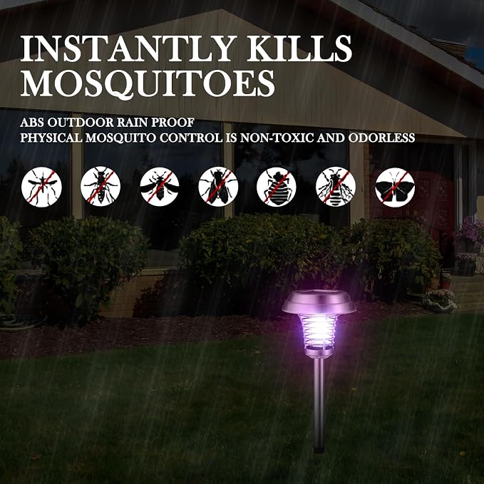 Qualirey 4 Pcs Solar Bug Zapper Waterproof Outdoor Mosquito Zapper Killer and Lighting Repellent Lamp for Indoor Outdoor Use Garden Patio, Purple and White Light(Stainless Steel,Silver)