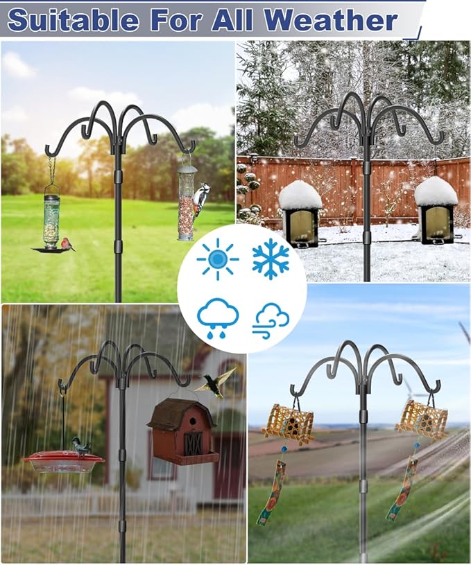 Upgrade 4-Hook Shepherds Hooks for Outdoor with Plastic Tube, 92" Heavy Duty Bird Feeder Pole with 5 Prongs Base, Adjustable Garden Hook for Solar Light, Hanging Plant, Wedding Decor, 1 Pack