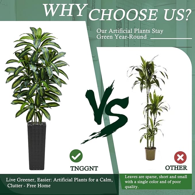 Artificial Dracaena Tree：7FT Faux Silk Tropical Yucca Floor Trees Realistic Fake Green Plant with Natural Wood Trunk & Lifelike Leaves for Home Office Decor Indoor & Outdoor (7FT,1-Pack,Black)