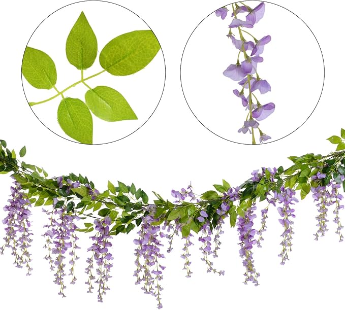 Lvydec Wisteria Artificial Flowers Garland, 4 Pcs Total 28.8ft Artificial Wisteria Vine Silk Hanging Flower for Home Garden Outdoor Ceremony Wedding Arch Floral Decor (Light Purple)