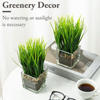MyGift Artificial Grass Plants in Modern Square Clear Glass Pots with Faux Pebbles and Soil, Decorative Potted Greenery Plant in Tabletop Planter, Set of 2