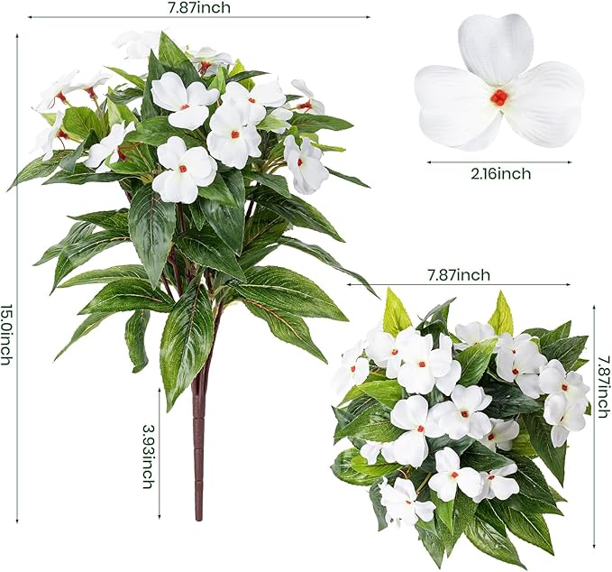 Nigirior Artificial Fake Flowers for Outdoor Décor 6 Bundles UV Resistant Fake Plants for Planter Faux Impatiens for Home Porch/Garden Stunning（White）