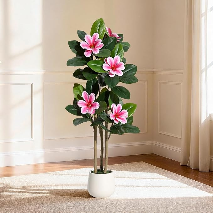Fiddle Leaf Fig Tree 4FT Tall Artificial Plant, Large Fake Tree in White Planter, Faux Rubber Tree Fake Floor Plant with Magnolia Flowers - Artificial Tree for Home Office Living Room Decor, Pink