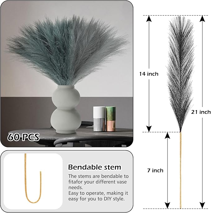 SeptCat 60 Pcs Pampas Grass Light Grey and Dark Grey Decor 21.7" Fluffy Faux Short Pampas Grass Artificial Small Pompas Grass Flower Vase Filler for Home Wedding Decoration
