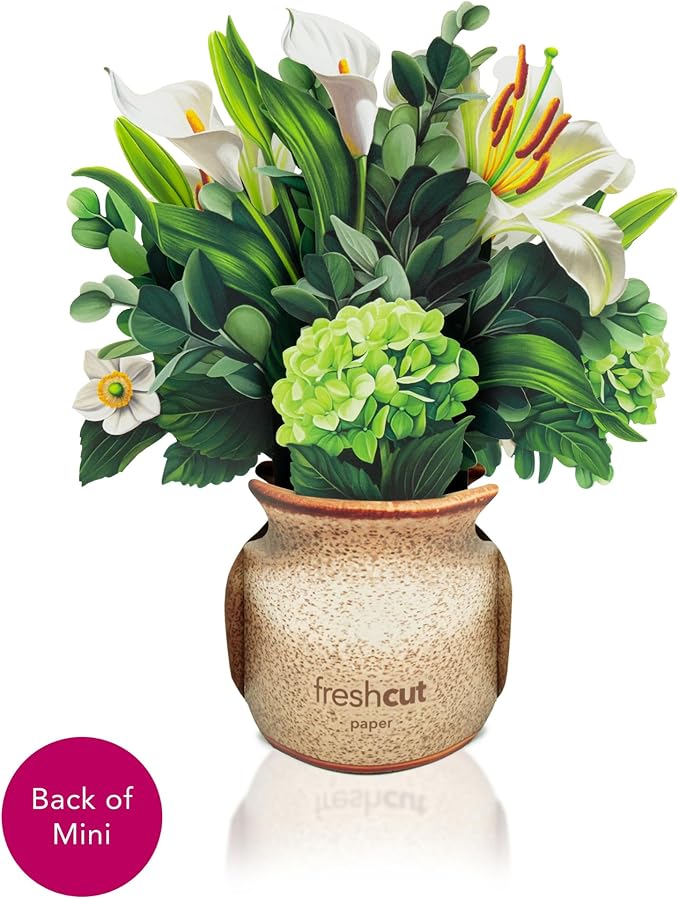 Freshcut Paper Pop Up Cards, Mini Ivory & Sage, 6 Inch Mini Sized Forever Flower Bouquet 3D Popup Greeting Cards, Birthday Cards, Get Well Gifts, Blank Notecard & Envelope
