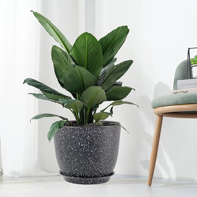 UOUZ 12inch Large Plant Pot, Modern Plastic Planter with High Driange Holes and Saucer for Indoor Outdoor Garden Plants and Flowers, Black Speckles