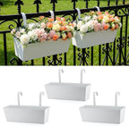 3 Pack Metal Railing Planters, 16 Inch Large Rectangular Hanging Flower Pots with Detachable Hooks & Drainage Holes, Fits Rails up to 2.5", Galvanized Iron Window Box for Balcony Garden - White