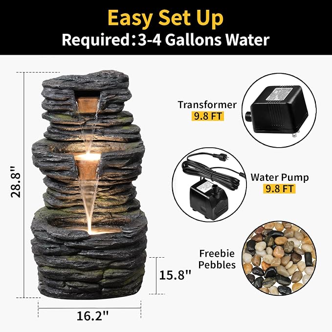 3 Tier Cascading Rock Water Fountain Outdoor Garden,28.74" H Natural Look Outdoor Fountains and Waterfalls with LED Lights for Patio, Deck, Porch, Backyard, Outside and Indoor Home Decor