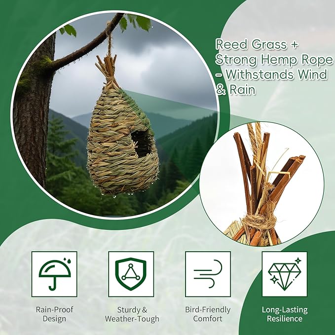 Gute Hummingbird Houses for Outside Hanging, Natural Grass Hanging Bird Hut, Hand Woven Bird Nest, Large Wren Finch Bird House for Garden Window Outdoor Home Decoration, 3 Pack