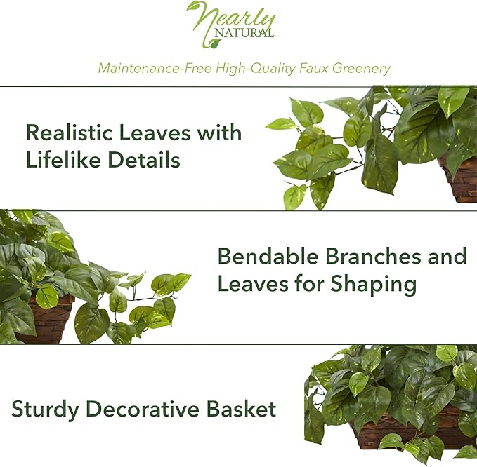Nearly Natural 34in Artificial Pothos Ivy Plant with Ledge Basket Faux Trailing Cascading Greenery for Indoor Home Decor