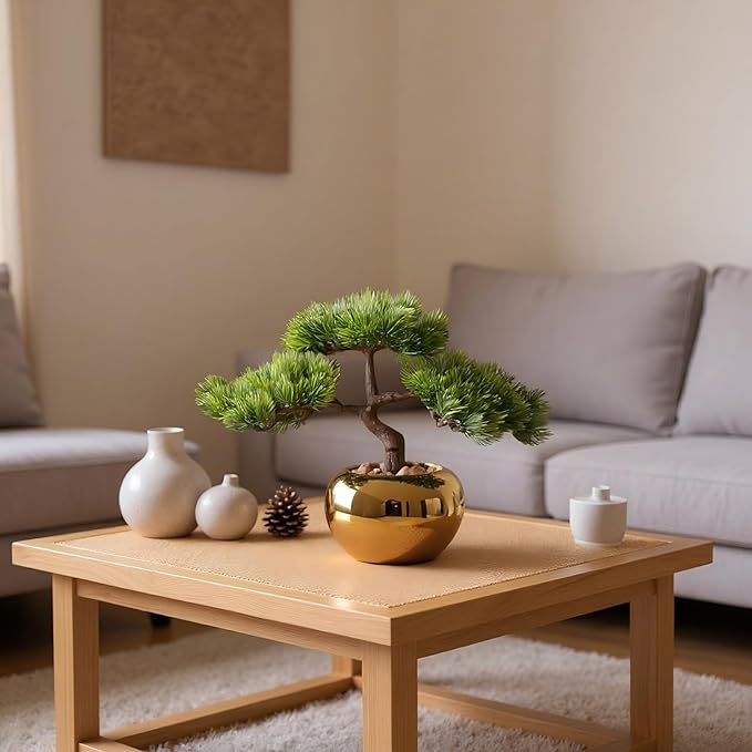 9.5 Inch Artificial Bonsai Tree with Ceramic Pot - Decorative Fake Plant for Home Office Living Room Window Sill, Fake Plants for Year-Round Decoration（Gold）