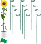 Unves 12 Pack Plant Support Stakes, 36 Inch Garden Single Stem Plant Stakes, Green Flower Garden Plant Cage for Outdoor & Indoor Plants, Sunflower, Hibiscus, Tomatoes with 100 Pcs Twist Ties