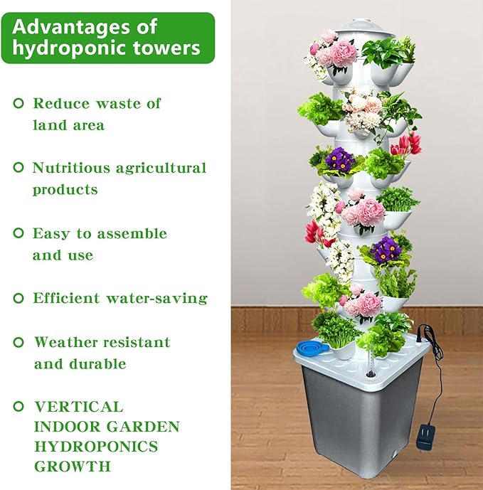 35 Pots Hydroponic Tower, Hydroponics Growing System Tower, Vertical Tower Planter, Pump Tower with Timer Automatic Watering, Irrigation Pump and Movable Water Tank, for Hydroponic Lovers, Grey