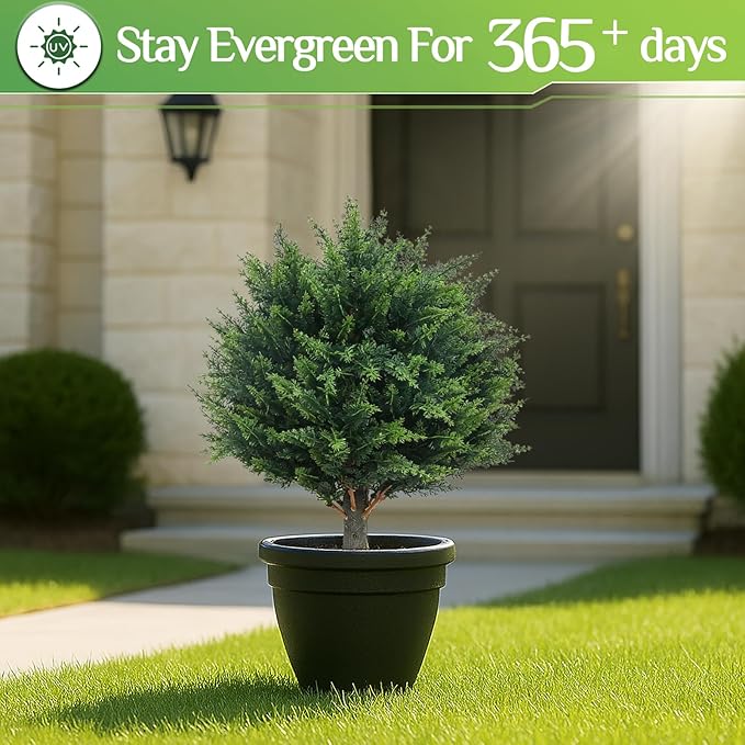 PATIO CHOICE Topiary Trees Artificial Outdoor Cedar Ball Trees with Ground Spike Set of 2 22" Fake Outdoor Plants Faux Bushes and Shrubs Decorations for Outdoor Indoor Front Porch Garden