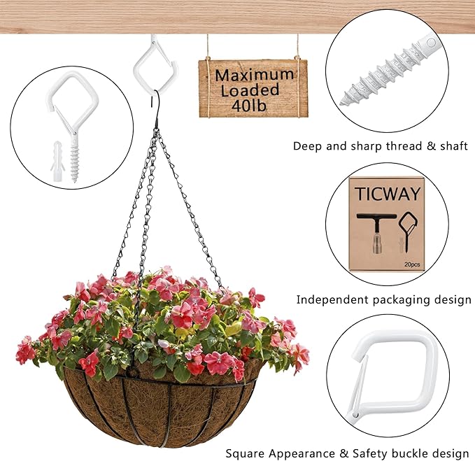 50 Pcs Outdoor Hooks for String Lights,Screw Hooks for Hanging Plants,Ceiling Hooks with Safety Buckle,Square Hanger for Wind Chimes,Bird Feeder,Lanterns,Christmas Decorations (White)