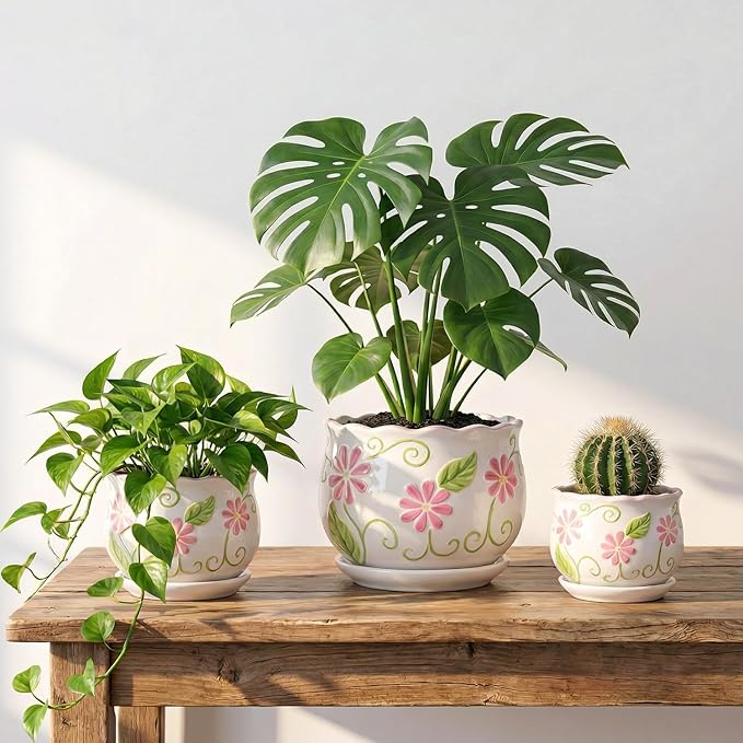 Pink Ceramic Flower Pots, 4"+5.2"+6.6" Inch Small Flower Pots for Indoor Plant with Drainage Hole,Modern Decorative Plant Pots Set of 3, Indoor Planters with Saucer
