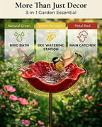 2026 Handmade Metal Flower Garden Stake with Bee Bath & Bird Water Bowl 24in Birdbaths Butterfly & Pollinator Flowers Watering Station Rain Catcher Decor Outdoors Yard Art Fountain Water Feeder