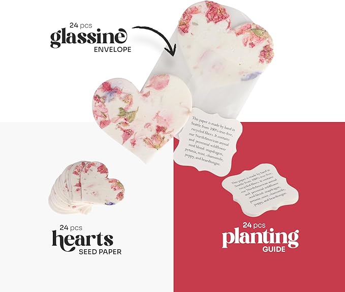 Set of 24 Pink Heart Seed Paper – Writable & Plantable Wildflower with Envelopes & Planting Guides, Mom's Gift for Mother’s Day, Use for Wedding, Baby Shower, Heart Party Favors & Easter Decorations