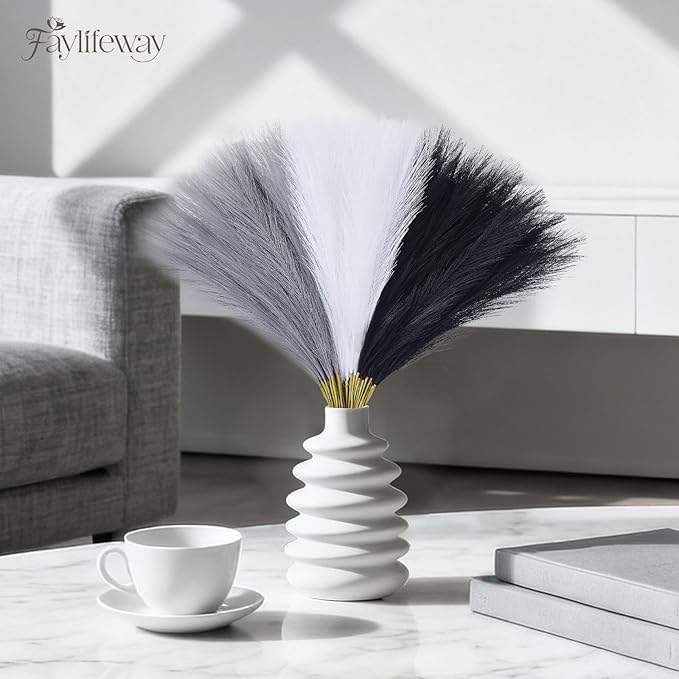 50pcs Pampas Grass 17in, Black and White Pampas Grass Artificial Fluffy Vase Filler Flower Arrangement for Home Party Living Room Decor(Black & Grey & White)