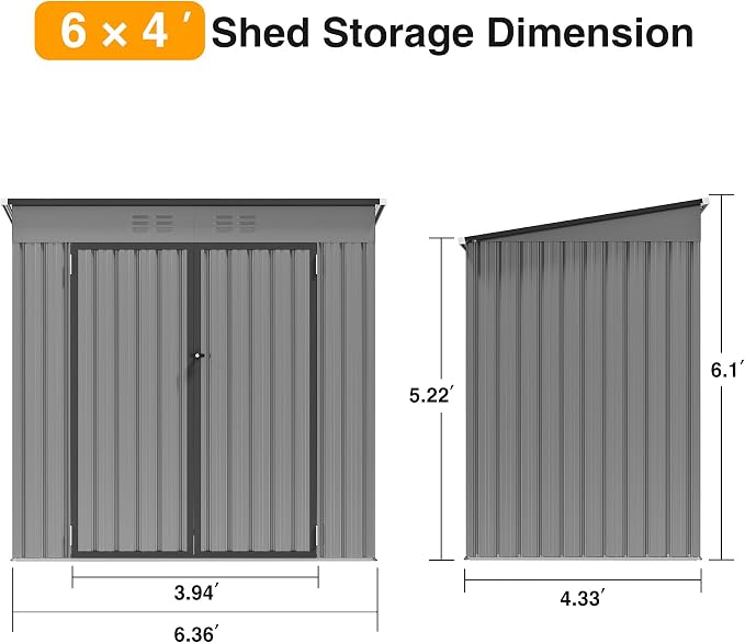 6 x 4 FT Storage Shed, Metal Sheds & Outdoor Storage with Sloping Roof and Lockable Door, Outdoor Shed for Backyard Garden Patio and Lawn,Grey