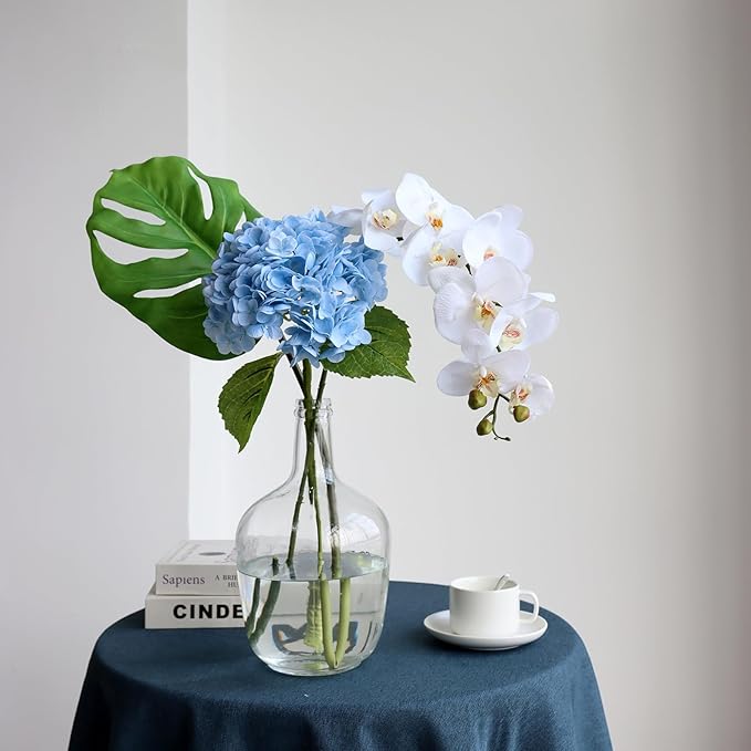 Buart 3PCS Long Stem Big Size Flowers Artificial Silk Hydrangea Lifelike Flowers Real Touch Blue Artificial Flowers Wedding Shower Bride Bouquets Office Living Room Table Decorations (21 Inch)