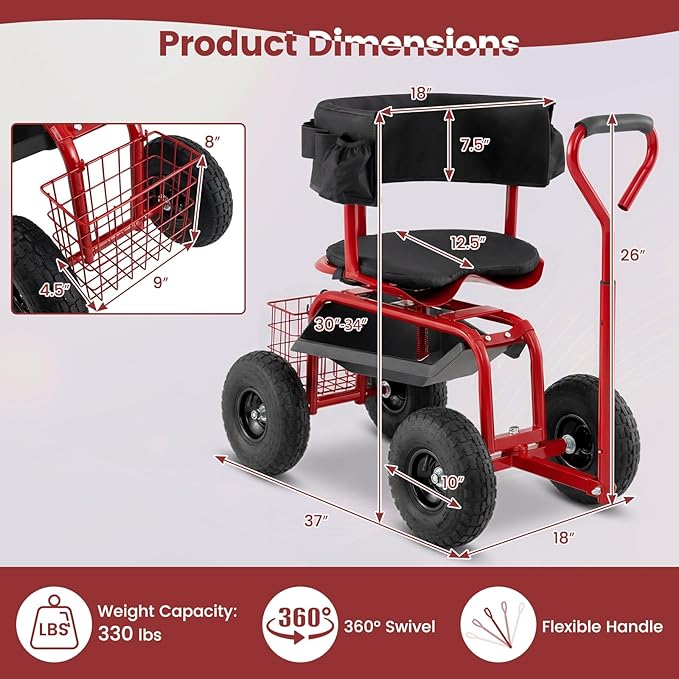 Goplus Garden Seat with Wheels, Rolling Gardening Stool with Adjustable 360° Swivel Seat, Tool Tray & Storage Basket, Extendable Handle, Outdoor Gardening Scooter, Garden Cart Workseat for Seniors