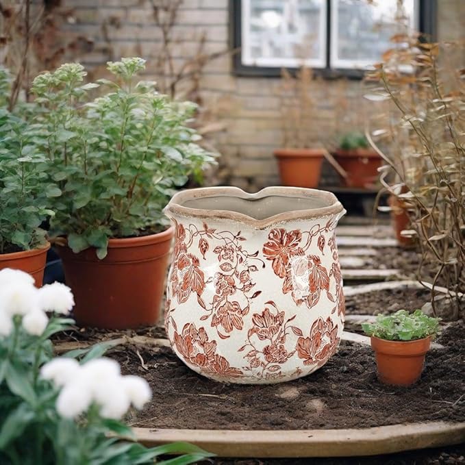 Vintage Ceramic Planter, Vintage Planter Pot with Floral Edges, Ice Crack Flower Pot with Drainge Hole Decorative Planter for Indoor and Outdoor Tuscan Decor Vase Gardening Gift