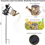 Solar Watering_Can Lights with Fairy & Flowers, Outdoor Garden Decor with Cascading String Lights, Waterproof Solar Powered Hanging Lantern for Patio Yard Pathway, Gift for Mom Cat Lovers Gardeners