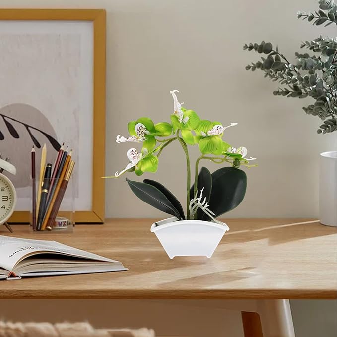 POPETPOP Artificial Orchid Flowers Mini Potted: Artificial Orchid in Pot Faux Orchid in Ceramic Vase Fake Flowers Arrangement Centerpiece Table Decorations for Home Office Green