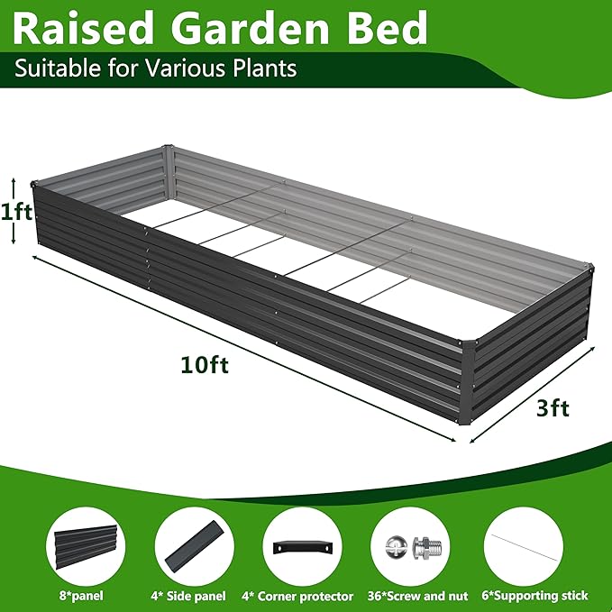 2PCS 10x3x1ft Galvanized Raised Garden Bed,Outdoor Planter Box Metal Patio Kit Planting Bed for Vegetables Flowers Herb,Black