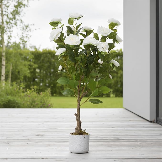 Garvee 2.8FT Artificial Camellia Tree 2 Pack, Faux Camellia Plant with White Planter and 20 White Flowers, 34" Fake Potted Flower Trees for Home and Office Decor