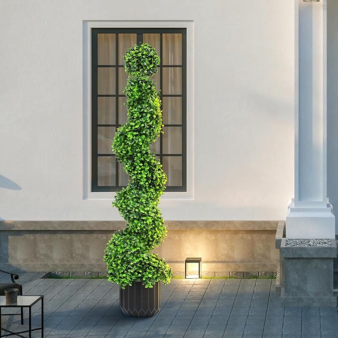 2 Pack 3FT Artificial Spiral Topiary Trees, Realistic Boxwood Trees, Evergreen PE Faux Plants with Durable Pot, Outdoor & Indoor Year-Round Garden, Patio, Porch, Home Entryway Decor