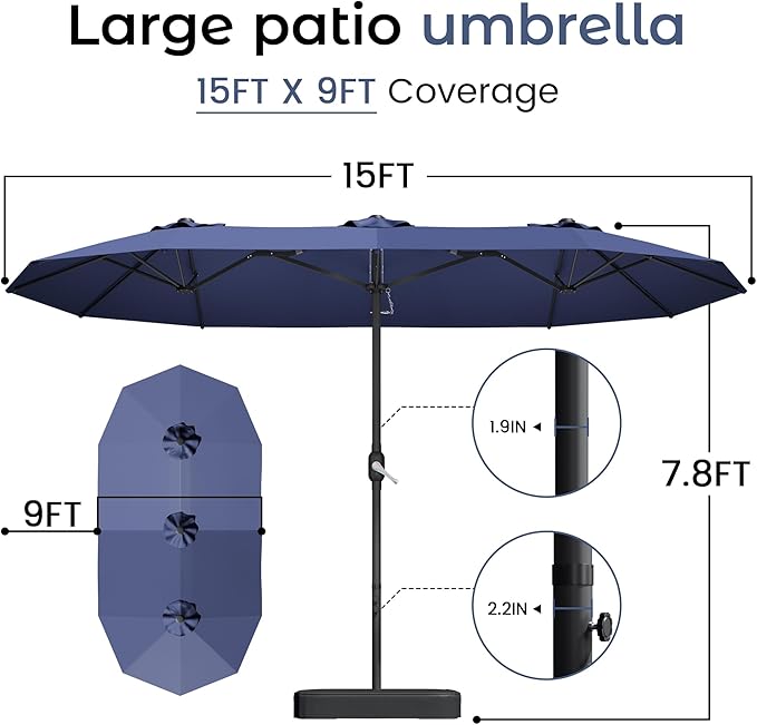 DomeShade 15ft Patio Umbrella with Base,Large Outdoor Double-Sided Rectangle Umbrella with Crank Handle, Market Umbrella for Poolside Garden Deck Backyard Beach Pools, Navy Blue