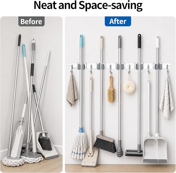 5 Racks and 6 Hooks Mop and Broom Holder Wall Mount, 304 Stainless Steel Broom Hanger Organizer for Home Kitchen Garden Laundry Garage