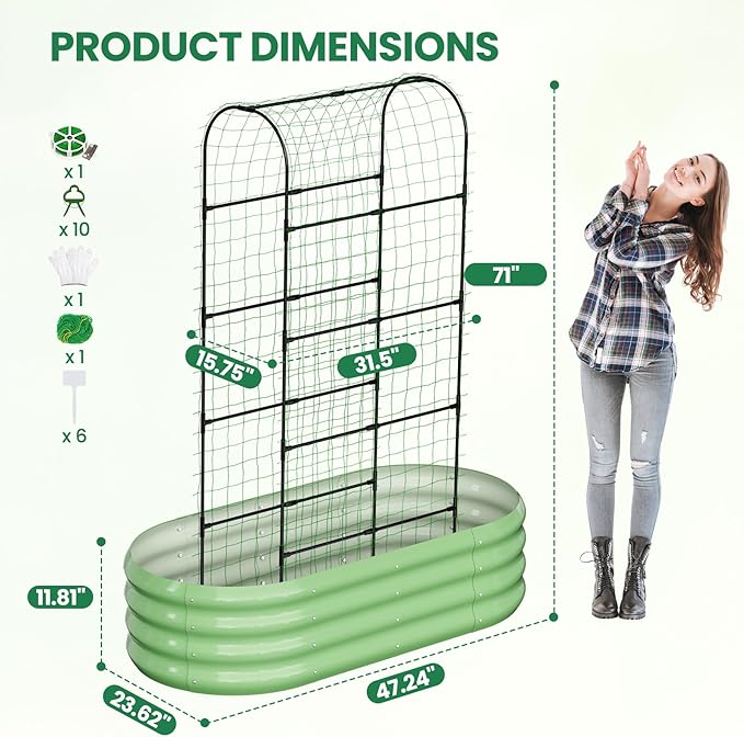 SUNYRISY Galvanized Raised Garden Bed with 71in Arch Trellis for Climbing Plants, Outdoor Planter Box with Climbing Net for Gardening Flowers Vegetables Fruits Herbs, Green