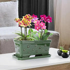 Orchid Pot with Holes12 Inch Ceramic Plant Pots with Drainage Holes and Tray, Promoting Air Circulation and Drainage, Indoor/Outdoor Green Flower Pots